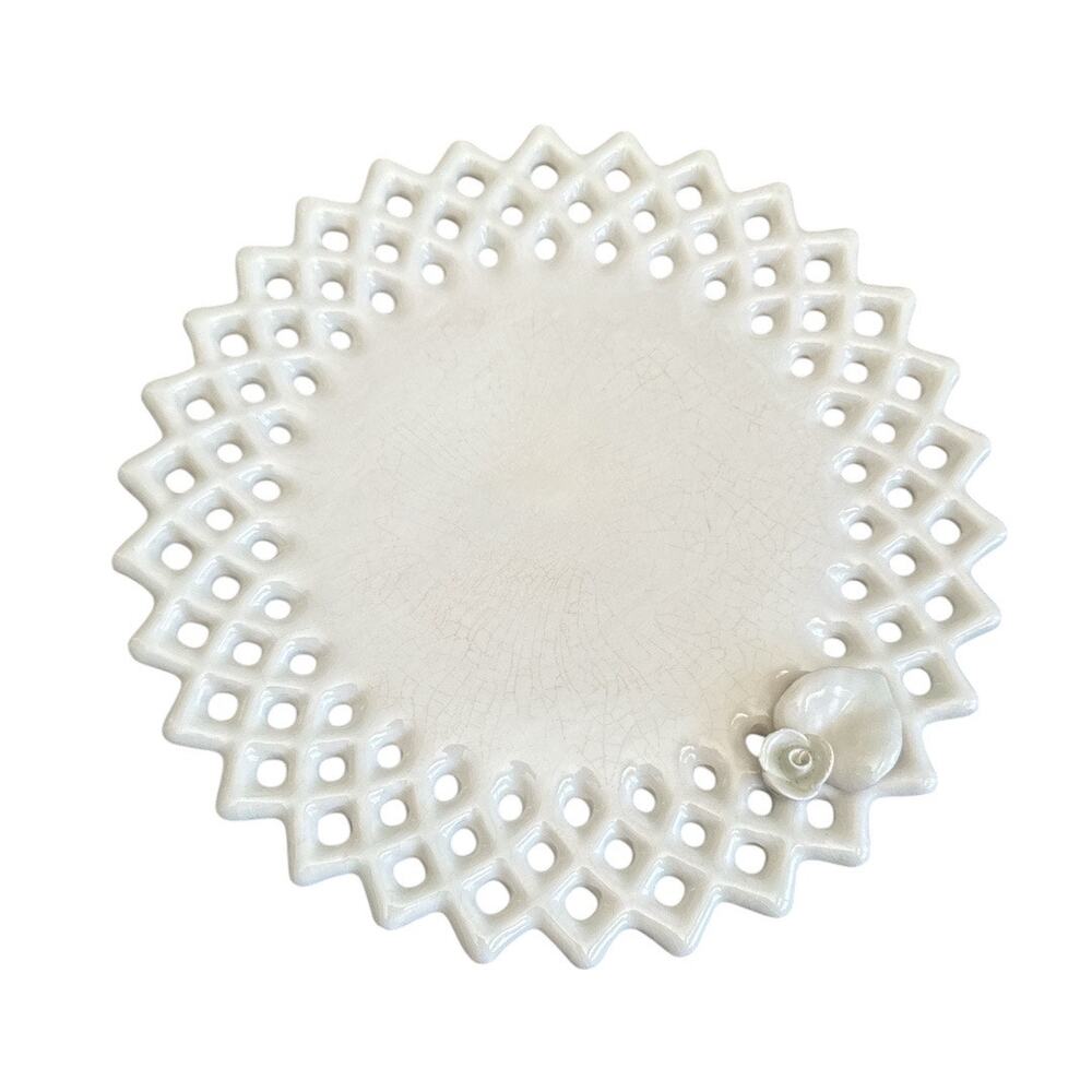 Vintage Rare Paper Windows Cream Perforated Rosebud Decorative Plate